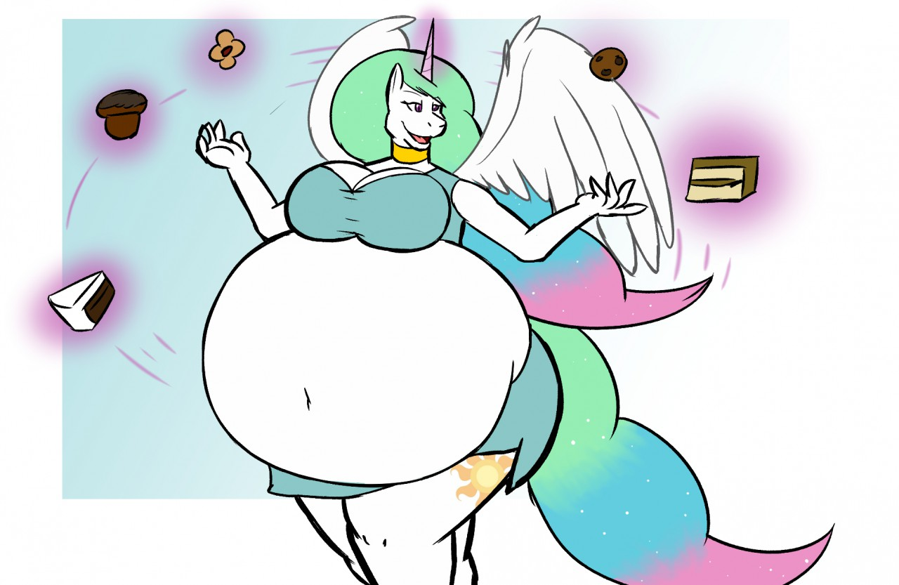 1996476 - safe, artist:th0mas, princess celestia, alicorn, pony, anthro,  g4, belly, belly button, big belly, breasts, busty princess celestia, cake,  cakelestia, chubbylestia, cookie, cupcake, fat, food, impossibly large  belly, magic, midriff, simple