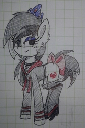 Size: 1440x2151 | Tagged: safe, artist:whitelie, oc, oc only, oc:white lie, pony, bow, clothes, female, graph paper, jewelry, mare, ribbon, rule 63, solo, tiara, traditional art