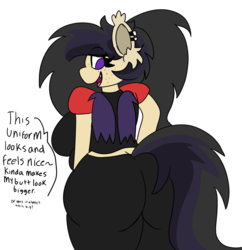 Size: 1450x1500 | Tagged: safe, artist:darkwolfhybrid, oc, oc only, oc:darkius wolficus, bat pony, anthro, bat pony oc, butt, chubby, clothes, dialogue, ear fluff, ear piercing, female, freckles, looking back, pants, piercing, pizza hut, plot, plump, ponytail, rear view, shirt, skintight clothes, smiling, tail, tail hole, the ass was fat, thick, uniform