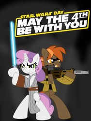 Size: 776x1030 | Tagged: safe, artist:ejlightning007arts, button mash, sweetie belle, g4, blaster, crossover, energy weapon, gun, lightsaber, may the fourth be with you, poster, standing, star wars, weapon