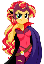 Size: 1000x1440 | Tagged: dead source, safe, artist:rosemile mulberry, sunset shimmer, equestria girls, g4, belt, cape, catra, clothes, cosplay, costume, female, heterochromia, she-ra, she-ra and the princesses of power, simple background, solo, white background