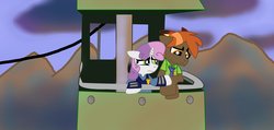 Size: 1297x615 | Tagged: safe, artist:ejlightning007arts, button mash, sweetie belle, g4, clothes, crossover, female, hawaiian shirt, judy hopps, male, mountain, necktie, nick wilde, police uniform, sad, ship:sweetiemash, shipping, shirt, skyline, straight, zootopia