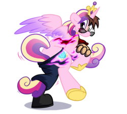 Size: 900x809 | Tagged: safe, artist:virmir, princess cadance, human, g4, boots, butt, clothes, commission, human to pony, male to female, pants, plot, rule 63, shirt, shoes, simple background, sunglasses, torn clothes, transformation, transgender transformation, transparent background