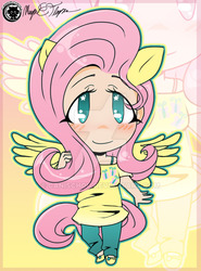 Size: 600x812 | Tagged: safe, artist:canischou, fluttershy, human, pegasus, pony, g4, blushing, clothes, cute, eared humanization, female, gijinka, humanized, looking at you, obtrusive watermark, shirt, shoes, shyabetes, smiling, solo, tailed humanization, watermark, winged humanization, wings