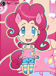 Size: 600x812 | Tagged: safe, artist:canischou, pinkie pie, human, g4, clothes, cute, deviantart watermark, diapinkes, eared humanization, female, humanized, looking at you, obtrusive watermark, shirt, shoes, shorts, socks, solo, tailed humanization, watermark