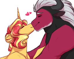 Size: 2000x1600 | Tagged: safe, artist:purplegrim40, lord tirek, sunset shimmer, centaur, pony, unicorn, g4, alternate hairstyle, crack shipping, eyes closed, female, heart, kissing, male, nuzzling, shipping, simple background, story in the source, straight, sunrek, white background