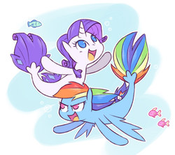 Size: 1022x906 | Tagged: safe, alternate version, artist:raridashdoodles, rainbow dash, rarity, fish, merpony, pegasus, pony, seapony (g4), unicorn, g4, my little pony: the movie, bubble, colored, digital art, duo, female, fin wings, fins, fish tail, flowing mane, flowing tail, horn, lesbian, ocean, open mouth, open smile, seaponified, seapony rainbow dash, seapony rarity, ship:raridash, shipping, smiling, species swap, swimming, tail, underwater, water, wings