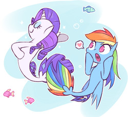 Size: 963x885 | Tagged: safe, alternate version, artist:raridashdoodles, rainbow dash, rarity, fish, pony, seapony (g4), g4, my little pony: the movie, duo, female, heart, lesbian, mare, ocean, pose, seaponified, seapony rainbow dash, seapony rarity, ship:raridash, shipping, species swap, underwater