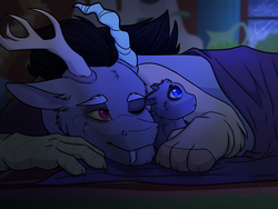 Size: 1600x1200 | Tagged: safe, artist:purplegrim40, discord, oc, oc:benjamin, draconequus, hybrid, g4, blanket, cover, cuddling, cute, duo, father and son, fluttershy's cottage, interspecies offspring, lying down, male, next generation, night, offspring, one eye closed, parent:discord, parent:fluttershy, parents:discoshy