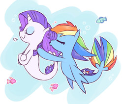 Size: 1011x857 | Tagged: safe, alternate version, artist:raridashdoodles, rainbow dash, rarity, fish, pegasus, pony, seapony (g4), unicorn, g4, my little pony: the movie, bubble, dorsal fin, duo, duo female, eyes closed, eyeshadow, female, fin, fin wings, fins, fish tail, flowing mane, flowing tail, heart, horn, kissing, lesbian, makeup, mare, ocean, seaponified, seapony rainbow dash, seapony rarity, ship:raridash, shipping, species swap, swimming, tail, underwater, water, wings