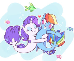 Size: 1057x879 | Tagged: safe, alternate version, artist:raridashdoodles, rainbow dash, rarity, fish, pegasus, pony, seapony (g4), unicorn, g4, my little pony: the movie, blushing, bubble, cute, dorsal fin, duo, duo female, eyes closed, eyeshadow, female, fin, fin wings, fins, fish tail, flowing mane, flowing tail, heart, horn, hug, kissing, lesbian, looking at each other, looking at someone, makeup, mare, ocean, seaponified, seapony rainbow dash, seapony rarity, ship:raridash, shipping, smiling, smiling at each other, species swap, swimming, tail, underwater, water, wings