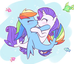 Size: 988x854 | Tagged: safe, alternate version, artist:raridashdoodles, rainbow dash, rarity, fish, merpony, pegasus, pony, seapony (g4), unicorn, g4, my little pony: the movie, blushing, bubble, dorsal fin, duo, duo female, eyes closed, eyeshadow, female, fin, fin wings, fins, fish tail, flowing mane, flowing tail, heart, horn, kiss on the lips, kissing, lesbian, makeup, mare, ocean, seaponified, seapony rainbow dash, seapony rarity, ship:raridash, shipping, species swap, swimming, tail, underwater, water, wings