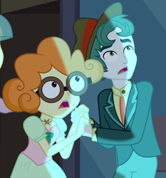 Size: 1008x1080 | Tagged: safe, screencap, scott green, scribble dee, wiz kid, equestria girls, g4, my little pony equestria girls, background human, clothes, cropped, dress, fall formal outfits, female, hat, holding hands, male, scottdee, shipping, straight, suit, tuxedo