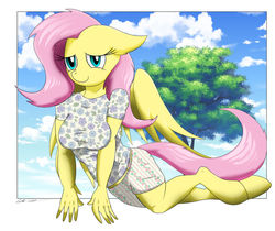 Size: 900x755 | Tagged: safe, artist:wolftendragon, fluttershy, pegasus, anthro, unguligrade anthro, g4, adorasexy, breasts, busty fluttershy, clothes, cute, female, mare, sexy, shirt, shorts, shyabetes, smiling, solo