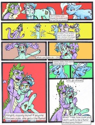Size: 1950x2550 | Tagged: safe, artist:tillie-tmb, amethyst star, lyra heartstrings, sparkler, spike, trixie, twinkleshine, comic:the amulet of shades, g4, comic, food, magic, older, older spike, pie, traditional art