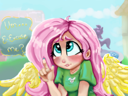 Size: 1280x960 | Tagged: safe, artist:wimsie, fluttershy, human, g4, clothes, female, humanized, nail polish, shirt, solo, winged humanization, wings