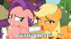 Size: 512x281 | Tagged: safe, edit, edited screencap, screencap, applejack, filthy rich, spoiled rich, earth pony, pony, g4, where the apple lies, animated, caption, coughing, discovery family logo, faic, gif, gif with captions, hatless, impact font, meme, missing accessory, reaction gif, spoiled milk, teenage applejack, teenager