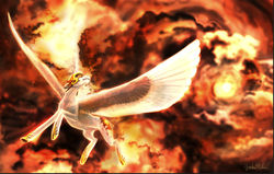 Size: 900x572 | Tagged: safe, artist:systemf4ilure, daybreaker, pony, g4, female, fire, flying, mane of fire, solo