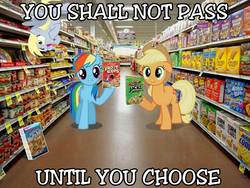 Size: 960x720 | Tagged: safe, applejack, derpy hooves, rainbow dash, earth pony, pegasus, pony, g4, apple jacks, caption, cereal, cute, dashabetes, derpabetes, floppy ears, food, food pun, froot loops, hnnng, image macro, jackabetes, namesake, pun, text, visual pun, weapons-grade cute, you shall not pass