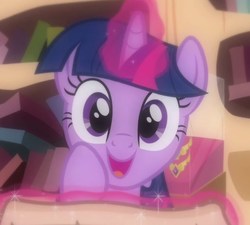 Size: 526x474 | Tagged: safe, screencap, twilight sparkle, pony, unicorn, g4, magical mystery cure, cropped, cute, excited, female, golden oaks library, happy, looking at you, magic, mare, open mouth, raised hoof, smiling, solo, twiabetes, unicorn twilight