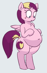 Size: 653x1023 | Tagged: safe, artist:comfyplum, oc, oc only, oc:comfy plum, pegasus, pony, :o, belly, belly button, big belly, bipedal, blushing, chubby, ear fluff, embarrassed, fat, female, hoof on belly, mare, open mouth, simple background, weight gain, wide hips