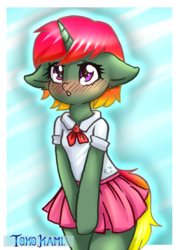 Size: 1600x2240 | Tagged: safe, artist:tokokami, oc, oc:solorenfireblood, pony, unicorn, bipedal, blushing, clothes, patreon, patreon reward, school uniform, solo