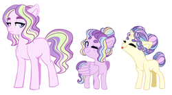 Size: 1693x936 | Tagged: safe, artist:whalepornoz, princess gold lily, princess skyla, princess sterling, oc, oc:princess gold lily, oc:princess skylar, oc:princess sterling, earth pony, pegasus, pony, unicorn, alternate design, beanbrows, blank flank, braid, earth pony oc, eyebrows, eyes closed, female, filly, horn, large wings, lidded eyes, offspring, one eye closed, parent:princess cadance, parent:shining armor, parents:shiningcadance, pegasus oc, simple background, species swap, tail bun, tongue out, unicorn oc, white background, wings, wink