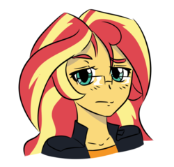 Size: 502x479 | Tagged: safe, artist:exvius, derpibooru exclusive, sunset shimmer, human, equestria girls, g4, anime, clothes, female, glasses, jacket, looking at you, simple background, solo, thick eyebrows, unimpressed, white background
