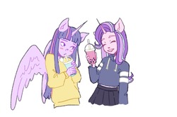 Size: 1280x844 | Tagged: safe, artist:navy-pon, starlight glimmer, twilight sparkle, human, g4, blushing, bubble tea, clothes, female, hoodie, horn, horned humanization, humanized, lesbian, milkshake, ship:twistarlight, shipping, skirt, winged humanization, wings