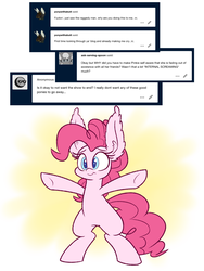 Size: 1200x1600 | Tagged: safe, artist:heir-of-rick, pinkie pie, earth pony, pony, g4, abstract background, ask, bipedal, cute, diapinkes, ear fluff, female, gradient background, hugs?, impossibly large ears, mare, rearing, smiling, solo, text, tumblr