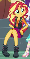 Size: 218x430 | Tagged: safe, screencap, fluttershy, rarity, sunset shimmer, equestria girls, equestria girls series, g4, overpowered (equestria girls), boots, clothes, cropped, female, geode of empathy, hand on hip, jacket, leather, leather jacket, magical geodes, shoes