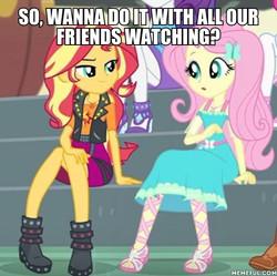 Size: 600x597 | Tagged: safe, edit, edited screencap, screencap, fluttershy, sunset shimmer, equestria girls, g4, my little pony equestria girls: better together, overpowered (equestria girls), and then sex happened, bedroom eyes, caption, female, geode of empathy, geode of fauna, impact font, implied exhibitionism, implied sex, innuendo, lesbian, magical geodes, memeful.com, ship:sunshyne, shipping, stupid sexy sunset shimmer