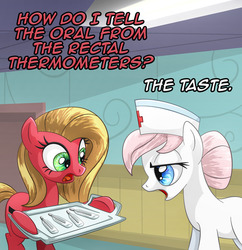 Size: 775x800 | Tagged: safe, artist:dcpip, nurse redheart, oc, oc:pun, earth pony, pony, ask pun, g4, ask, earth pony problems, female, implied insertion, mare, open mouth, rectal thermometer, thermometer, tray, tumblr, working, yuck