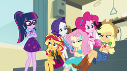 Size: 1920x1080 | Tagged: safe, screencap, applejack, fluttershy, pinkie pie, rainbow dash, rarity, sci-twi, sunset shimmer, twilight sparkle, equestria girls, g4, my little pony equestria girls: better together, overpowered (equestria girls), clothes, female, geode of empathy, geode of sugar bombs, geode of super strength, geode of telekinesis, humane five, humane seven, humane six, magical geodes, sci-twi skirt, sitting, skirt