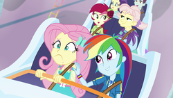 Size: 1920x1080 | Tagged: safe, screencap, fluttershy, rainbow dash, roseluck, track starr, equestria girls, equestria girls series, g4, rollercoaster of friendship, geode of fauna, geode of super speed, magical geodes, roller coaster, unnamed character, unnamed human