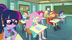 Size: 1920x1080 | Tagged: safe, screencap, applejack, captain planet, fluttershy, pinkie pie, rainbow dash, rarity, sci-twi, scribble dee, sunset shimmer, twilight sparkle, equestria girls, g4, my little pony equestria girls: better together, the finals countdown, classroom, clothes, geode of empathy, geode of fauna, geode of super speed, geode of super strength, geode of telekinesis, humane five, humane seven, humane six, magical geodes, pantyhose, sandals, scantron, sitting, taking a test, test, test taking
