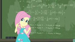 Size: 1920x1080 | Tagged: safe, screencap, fluttershy, a little birdie told me, equestria girls, g4, my little pony equestria girls: better together, chalkboard, cute, fancy mathematics, female, fluttermath, geode of fauna, magical geodes, math, shyabetes, solo