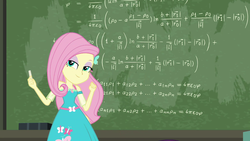 Size: 1920x1080 | Tagged: safe, screencap, fluttershy, a little birdie told me, equestria girls, g4, my little pony equestria girls: better together, chalk, chalkboard, clothes, cute, cutie mark, cutie mark on clothes, fancy mathematics, female, fluttermath, geode of fauna, hairpin, jewelry, magical geodes, math, necklace, shyabetes, smiling, smug, smugshy, solo