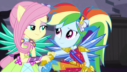 Size: 1920x1080 | Tagged: safe, screencap, fluttershy, rainbow dash, equestria girls, g4, my little pony equestria girls: better together, super squad goals, crystal guardian, female, ponied up, shipping fuel