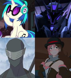 Size: 710x775 | Tagged: safe, dj pon-3, vinyl scratch, g4, beware of the quiet ones, clash of hasbro's titans, comparison, crossover, g.i. joe, neopolitan, rwby, rwby volume 6, snake eyes (g.i. joe), soundwave, transformers, transformers prime