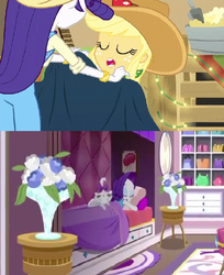 Size: 556x680 | Tagged: safe, screencap, applejack, rarity, diy with applejack, equestria girls, five to nine, g4, my little pony equestria girls: better together, bedroom, comparison, friendship, shipping fuel, sleeping