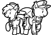 Size: 218x150 | Tagged: safe, artist:crazyperson, oc, bat pony, pony, fallout equestria, fallout equestria: commonwealth, bat pony oc, bat wings, black and white, clothes, duo, fanfic, fanfic art, fangs, female, grayscale, hat, hooves, male, mare, monochrome, picture for breezies, raised hoof, simple background, spread wings, stallion, transparent background, uniform, wings