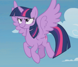 Size: 877x748 | Tagged: safe, screencap, twilight sparkle, alicorn, pony, g4, season 5, the cutie re-mark, cropped, female, flying, mare, smiling, smirk, solo, spread wings, twilight sparkle (alicorn), wings