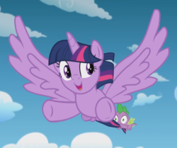Size: 939x784 | Tagged: safe, screencap, spike, twilight sparkle, alicorn, pony, g4, the cutie re-mark, cropped, cute, female, flying, male, open mouth, smiling, spread hooves, spread wings, twiabetes, twilight sparkle (alicorn), underhoof, wings