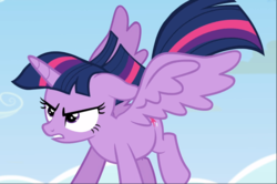 Size: 1413x939 | Tagged: safe, screencap, twilight sparkle, alicorn, pony, g4, the cutie re-mark, cropped, determined, female, floppy ears, mare, solo, spread wings, twilight sparkle (alicorn), windswept mane, wings