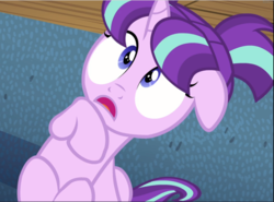 Size: 1275x941 | Tagged: safe, screencap, starlight glimmer, pony, unicorn, g4, the cutie re-mark, cropped, female, filly, filly starlight glimmer, floppy ears, scared, sitting, solo, wide eyes, younger