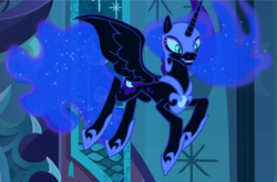 Size: 1330x880 | Tagged: safe, screencap, nightmare moon, alicorn, pony, g4, the cutie re-mark, concave belly, cropped, ethereal hair, ethereal mane, ethereal tail, female, flying, helmet, hoof shoes, horn, jewelry, mare, peytral, regalia, slender, slit pupils, solo, spread wings, starry mane, tail, thin, wings