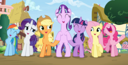 Size: 1222x619 | Tagged: safe, screencap, applejack, fluttershy, pinkie pie, rainbow dash, rarity, starlight glimmer, twilight sparkle, alicorn, earth pony, pegasus, pony, unicorn, g4, the cutie re-mark, ^^, bipedal, cute, eyes closed, female, group, holding hooves, mane six, mare, open mouth, raised hoof, s5 starlight, smiling, twilight sparkle (alicorn), underhoof