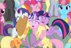 Size: 1386x940 | Tagged: safe, screencap, aloe, applejack, carrot cake, cheerilee, cup cake, derpy hooves, fluttershy, lily, lily valley, lotus blossom, lyra heartstrings, pinkie pie, rainbow dash, rarity, spike, starlight glimmer, sunshower raindrops, thunderlane, twilight sparkle, alicorn, dragon, earth pony, pegasus, pony, unicorn, g4, the cutie re-mark, applebutt, apron, baby, baby dragon, butt, clothes, cropped, cute, cute cake, ear piercing, earring, eyes closed, female, floppy ears, flutterbutt, friends are always there for you, group, group hug, hug, jewelry, looking at you, male, mane seven, mane six, mare, open mouth, piercing, plot, s5 starlight, smiling, smiling at you, twilight sparkle (alicorn)