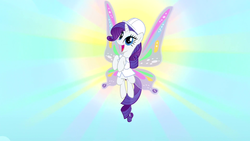 Size: 1920x1080 | Tagged: safe, screencap, rarity, pony, g4, sonic rainboom (episode), day, excited, female, glimmer wings, mare, sky, solo, sun, wahaha, weather factory uniform